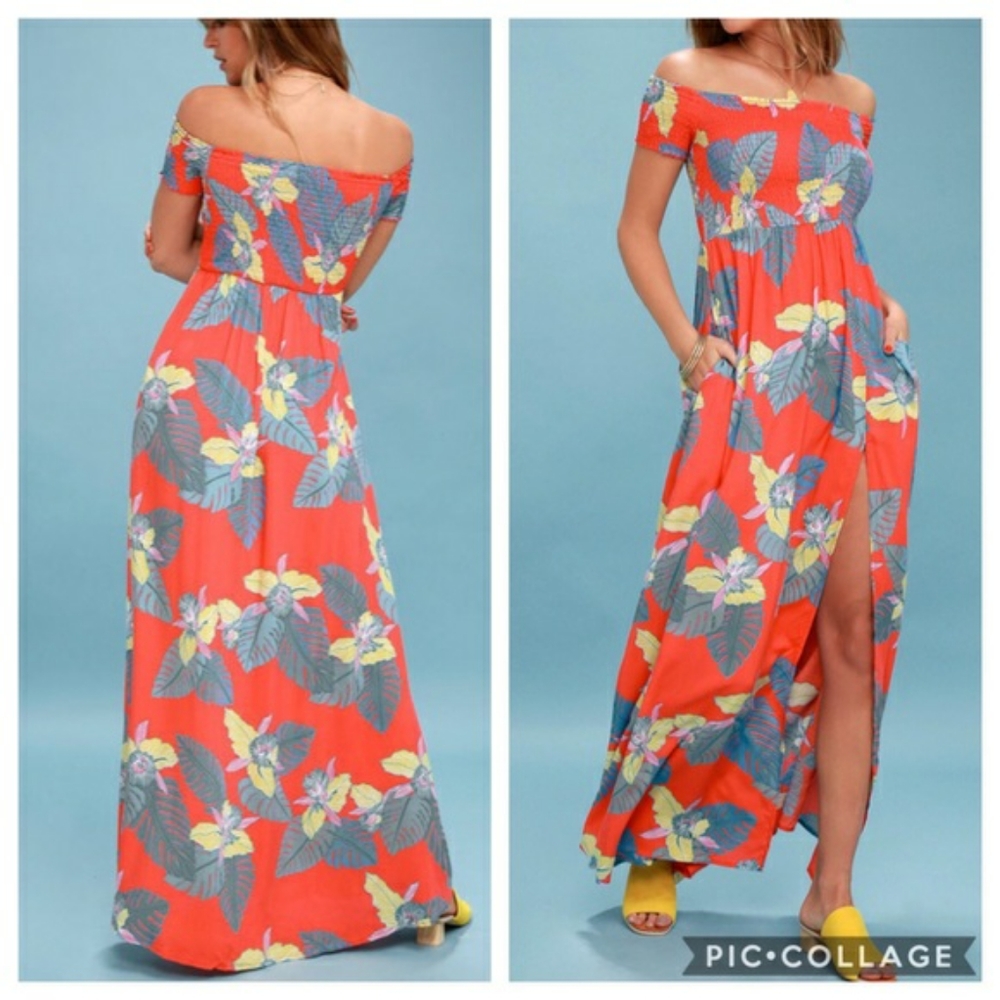 Lulu's Patsy Floral Tropical Print Off The Shoulder Maxi Dress Smocked Small S